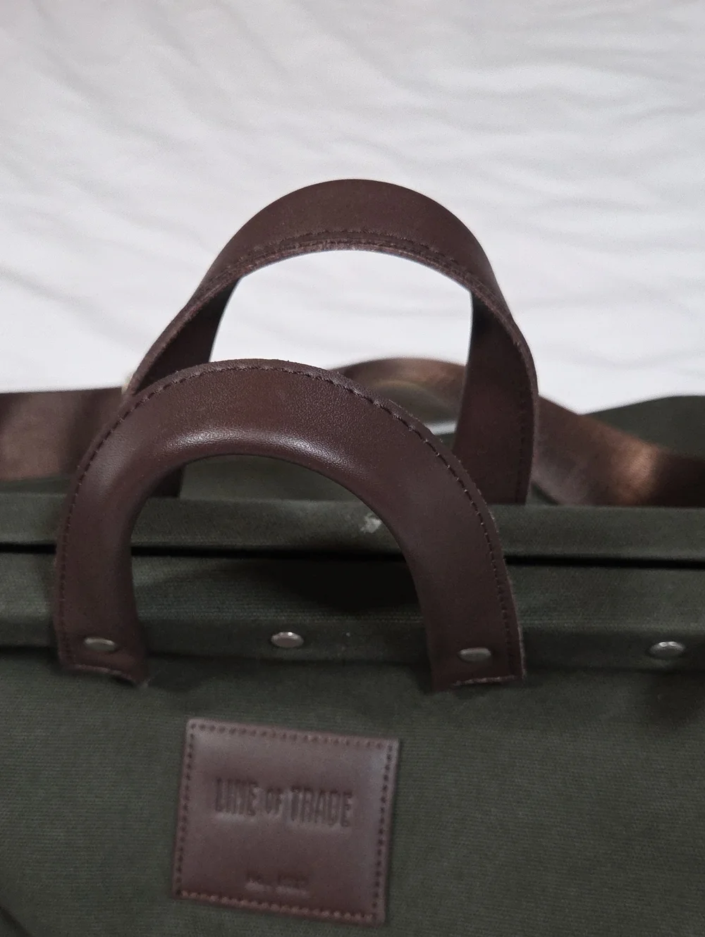Line of Trade Canvas Weekender Bag in Olive Green Leather Trim Metal Frame Open